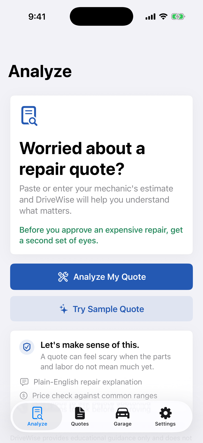 The real DriveWise Analyze screen showing options to analyze a repair quote or try a sample quote.
